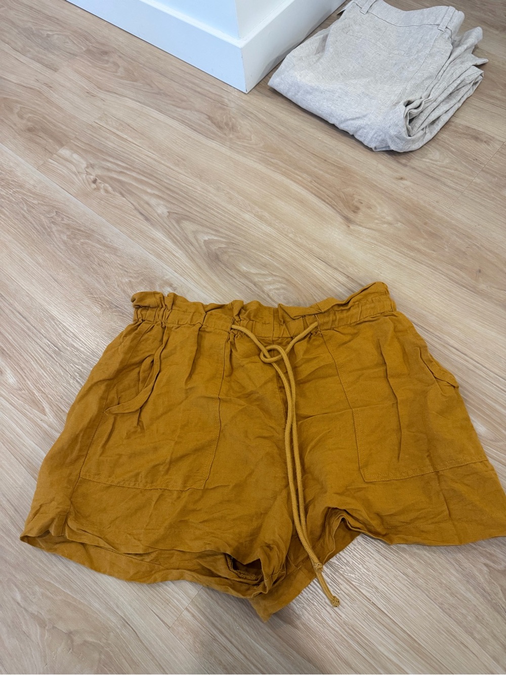 Dynamite Mustard High-Waist Drawstring Linen Shorts